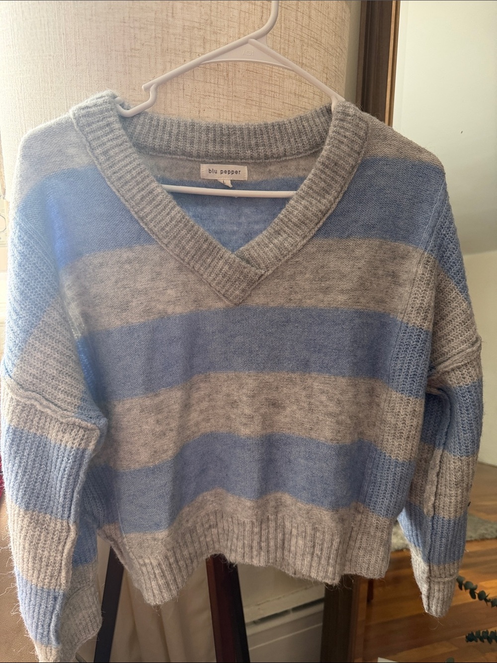 Blu Pepper Blue and Gray Striped V-Neck Sweater